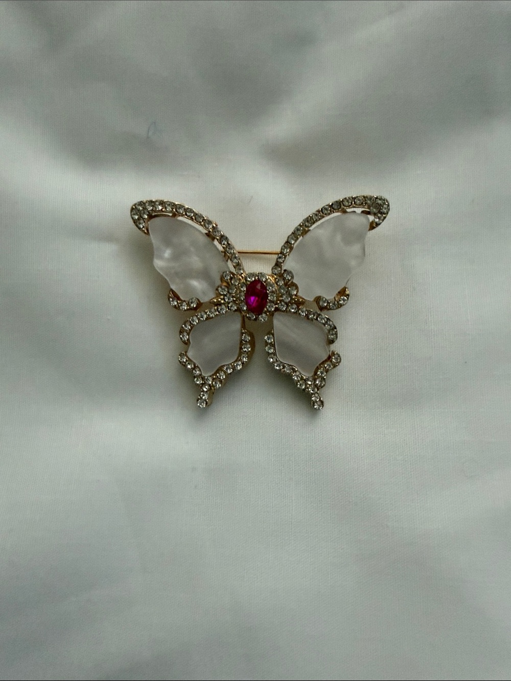 Butterfly Crystal Brooch in White and Gold with Pink Center